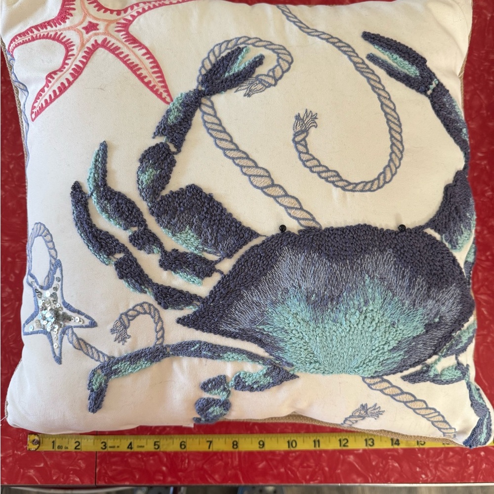Pier 1 Imports Embroidered Coastal Crab and Starfish Throw Pillow - Blue & Aqua